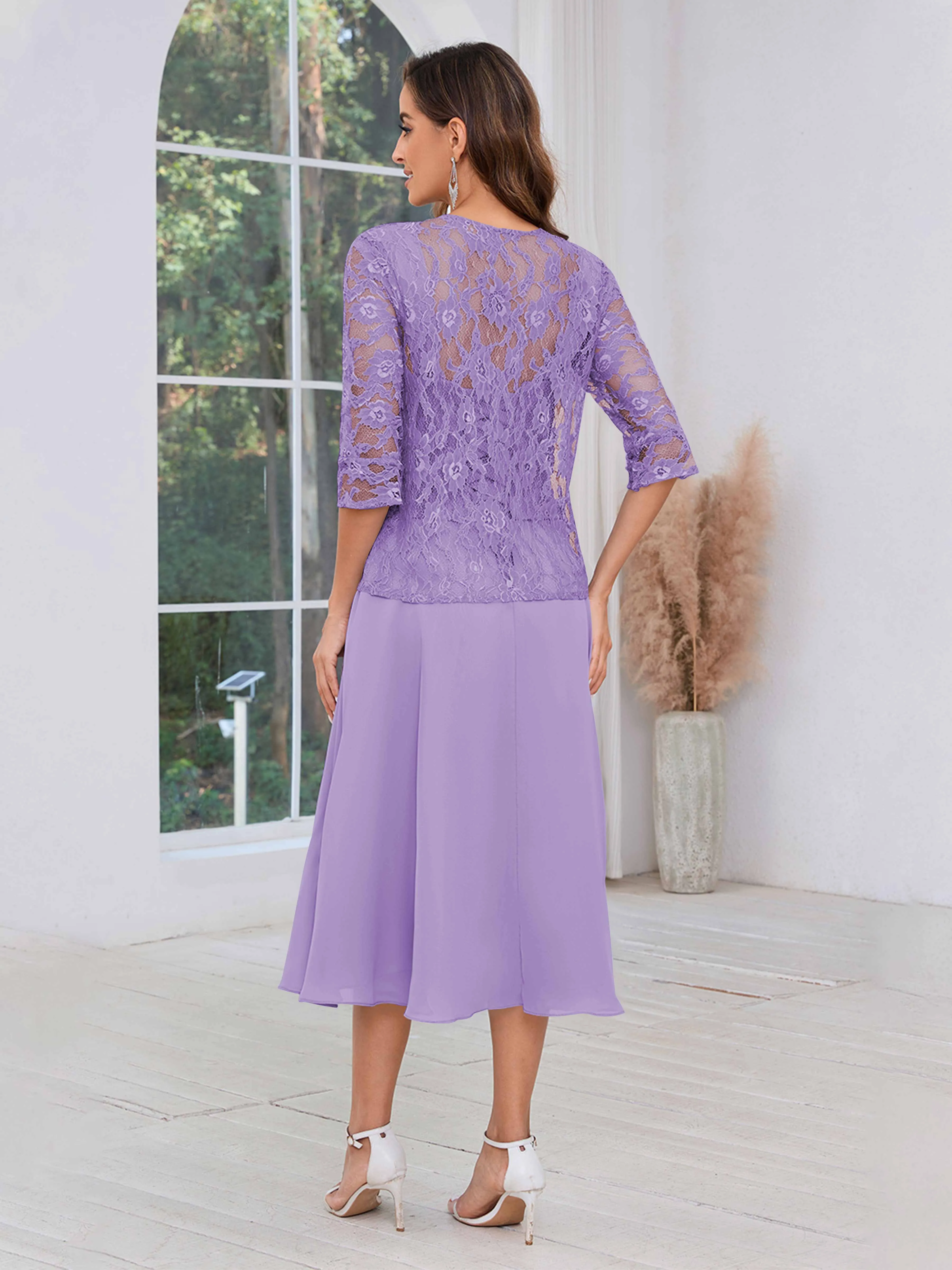 Aurelia Delicate Two Pieces Beading Lace Appliques Midi Chiffon Mother Of The Bride Dresses