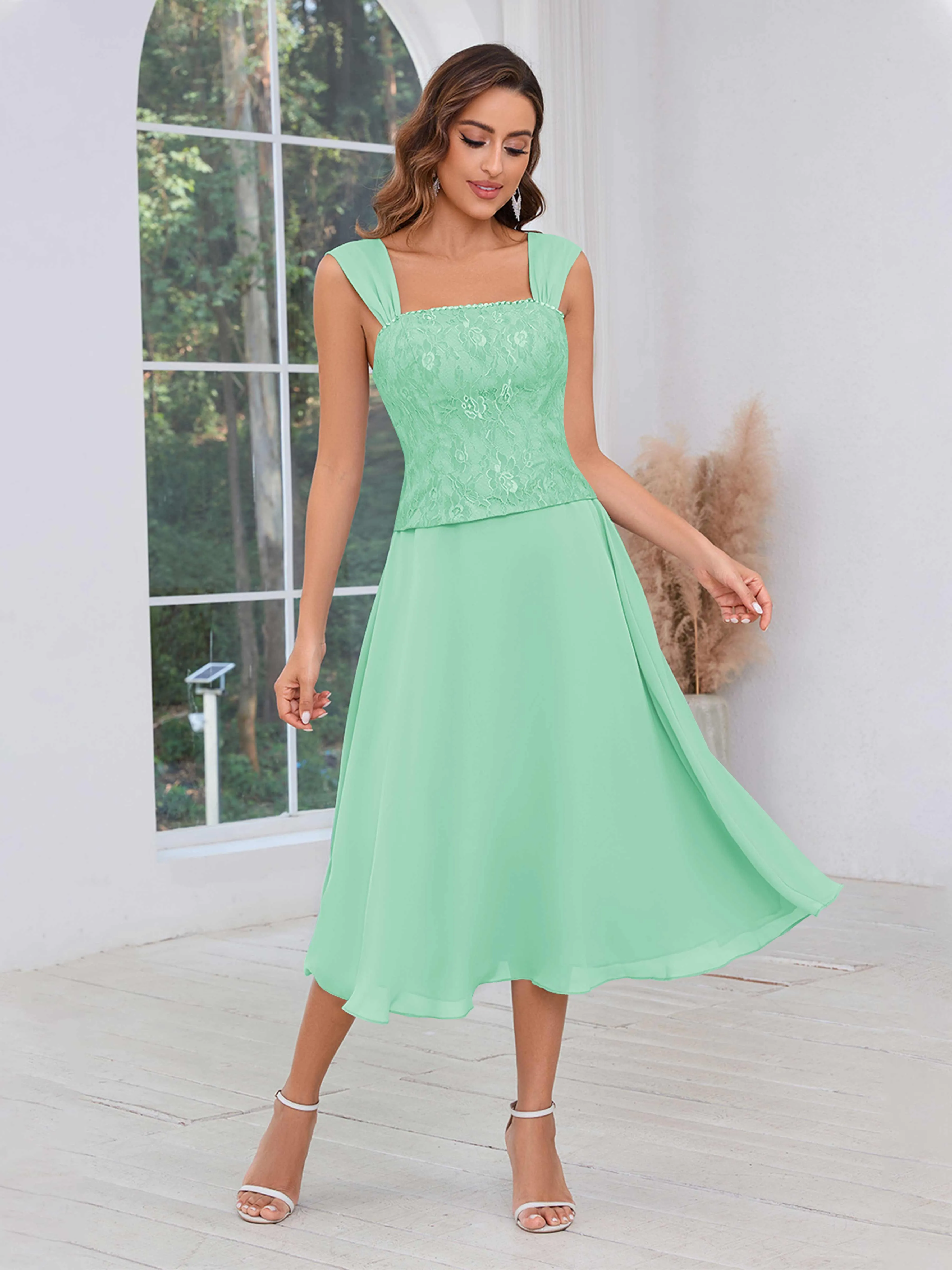 Aurelia Delicate Two Pieces Beading Lace Appliques Midi Chiffon Mother Of The Bride Dresses