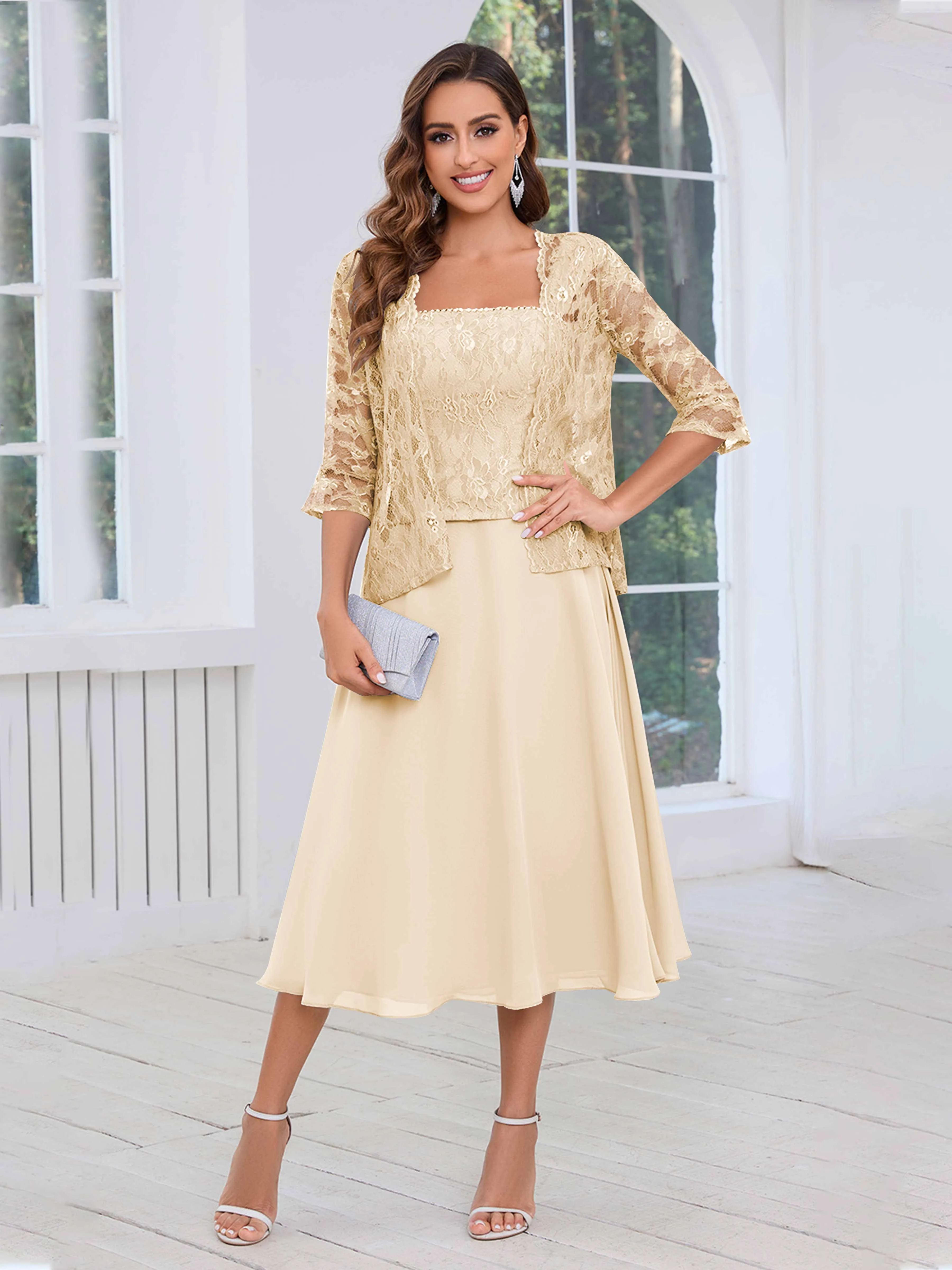Aurelia Delicate Two Pieces Beading Lace Appliques Midi Chiffon Mother Of The Bride Dresses