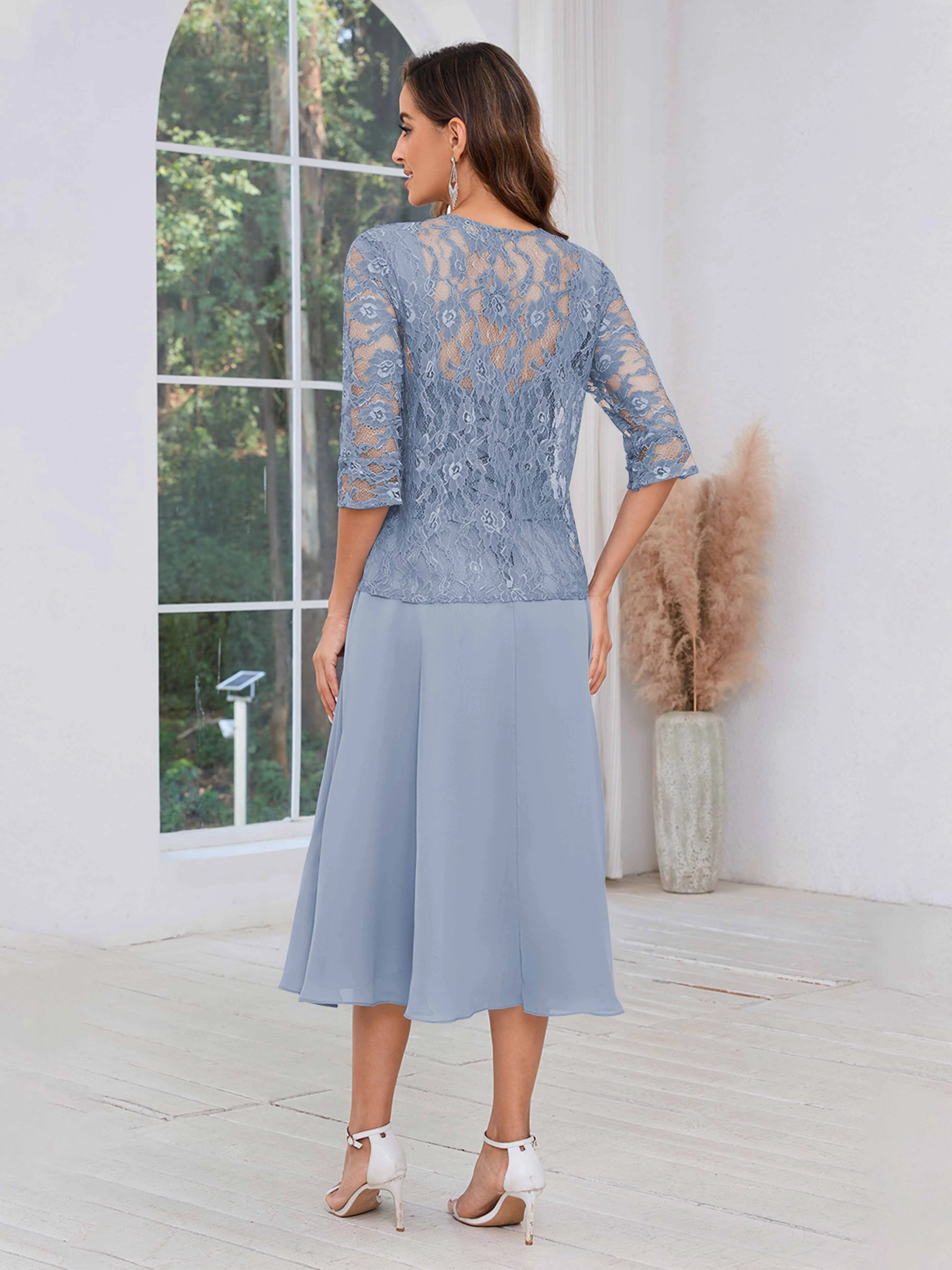 Aurelia Delicate Two Pieces Beading Lace Appliques Midi Chiffon Mother Of The Bride Dresses