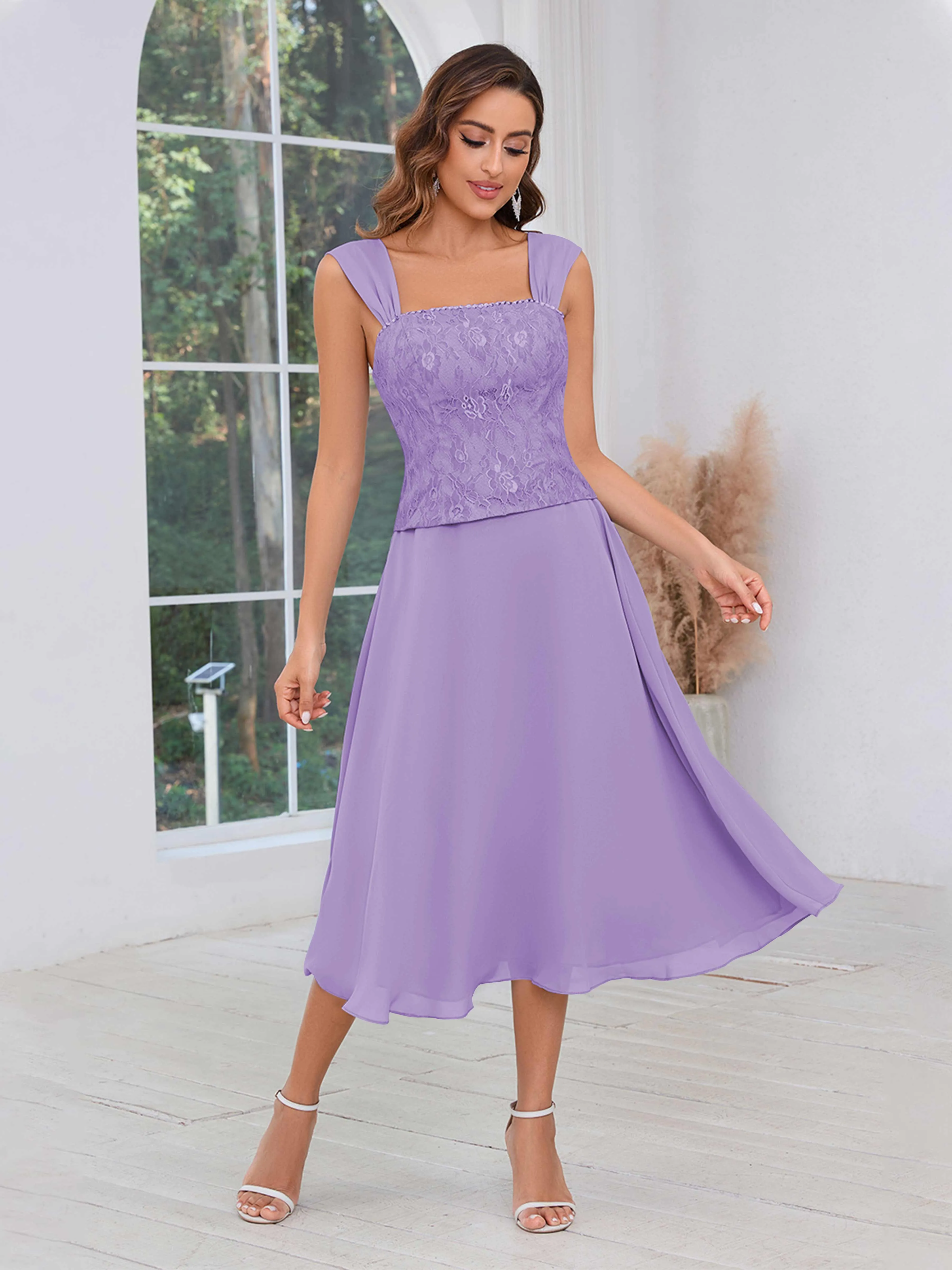 Aurelia Delicate Two Pieces Beading Lace Appliques Midi Chiffon Mother Of The Bride Dresses