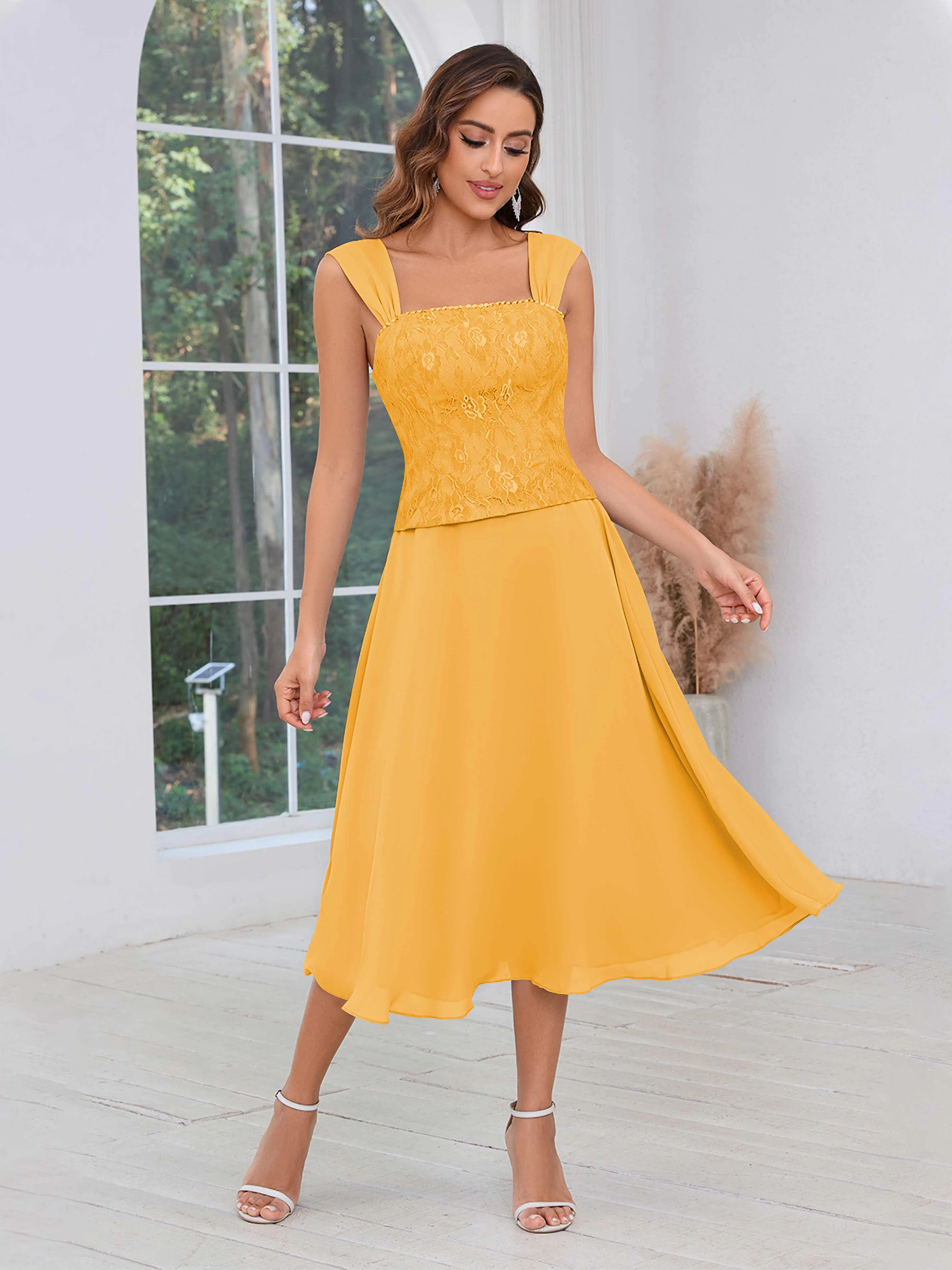 Aurelia Delicate Two Pieces Beading Lace Appliques Midi Chiffon Mother Of The Bride Dresses