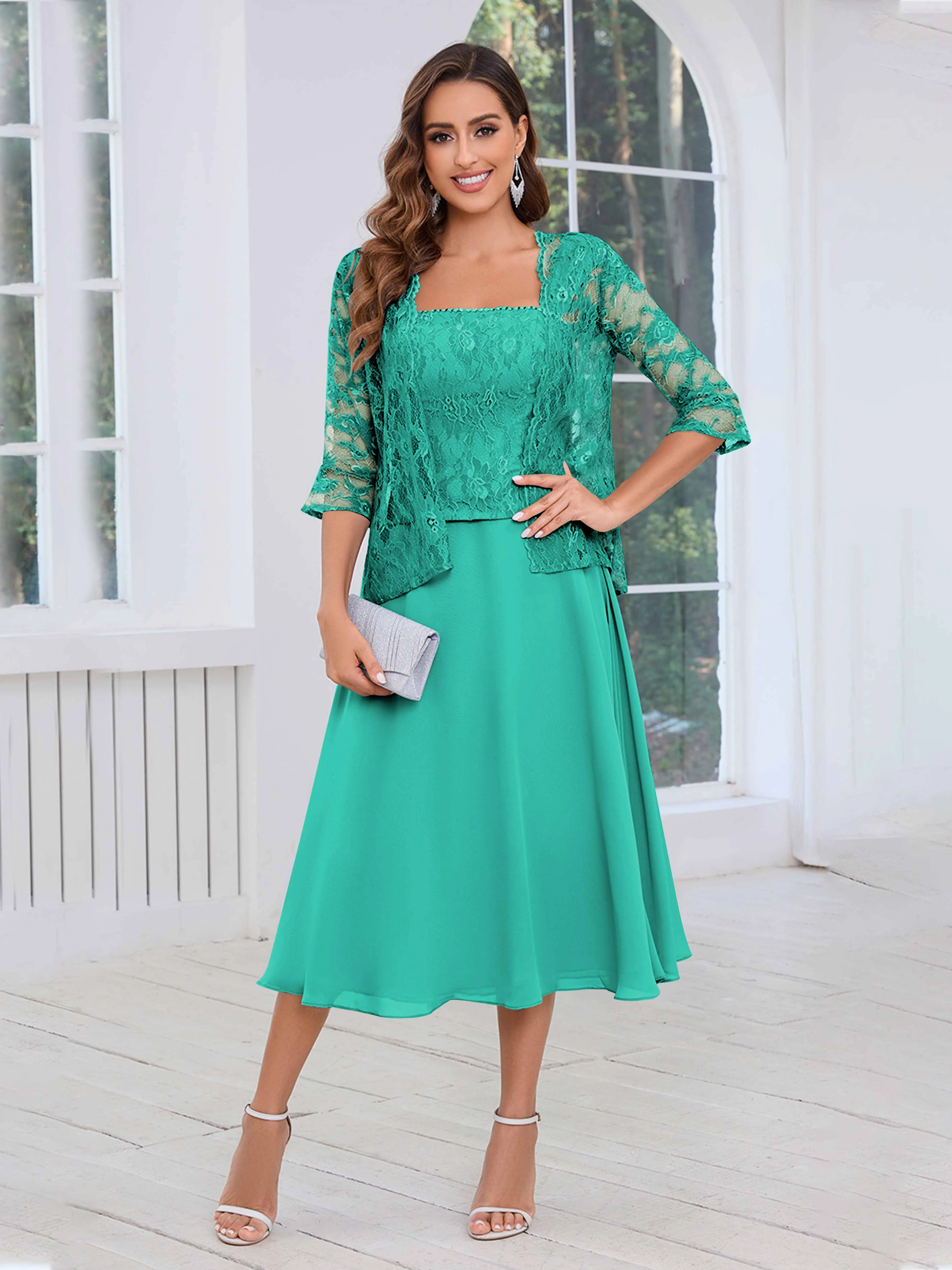 Aurelia Delicate Two Pieces Beading Lace Appliques Midi Chiffon Mother Of The Bride Dresses