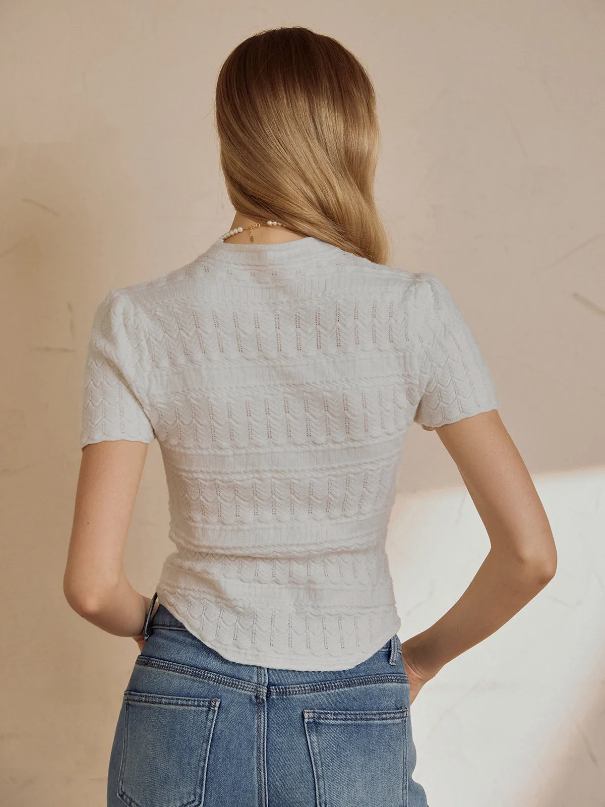 CHICMY- Eyelet Short Sleeve Snug Knit Top
