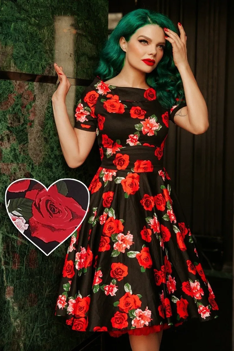 Darlene Vintage Inspired Black Floral Dress