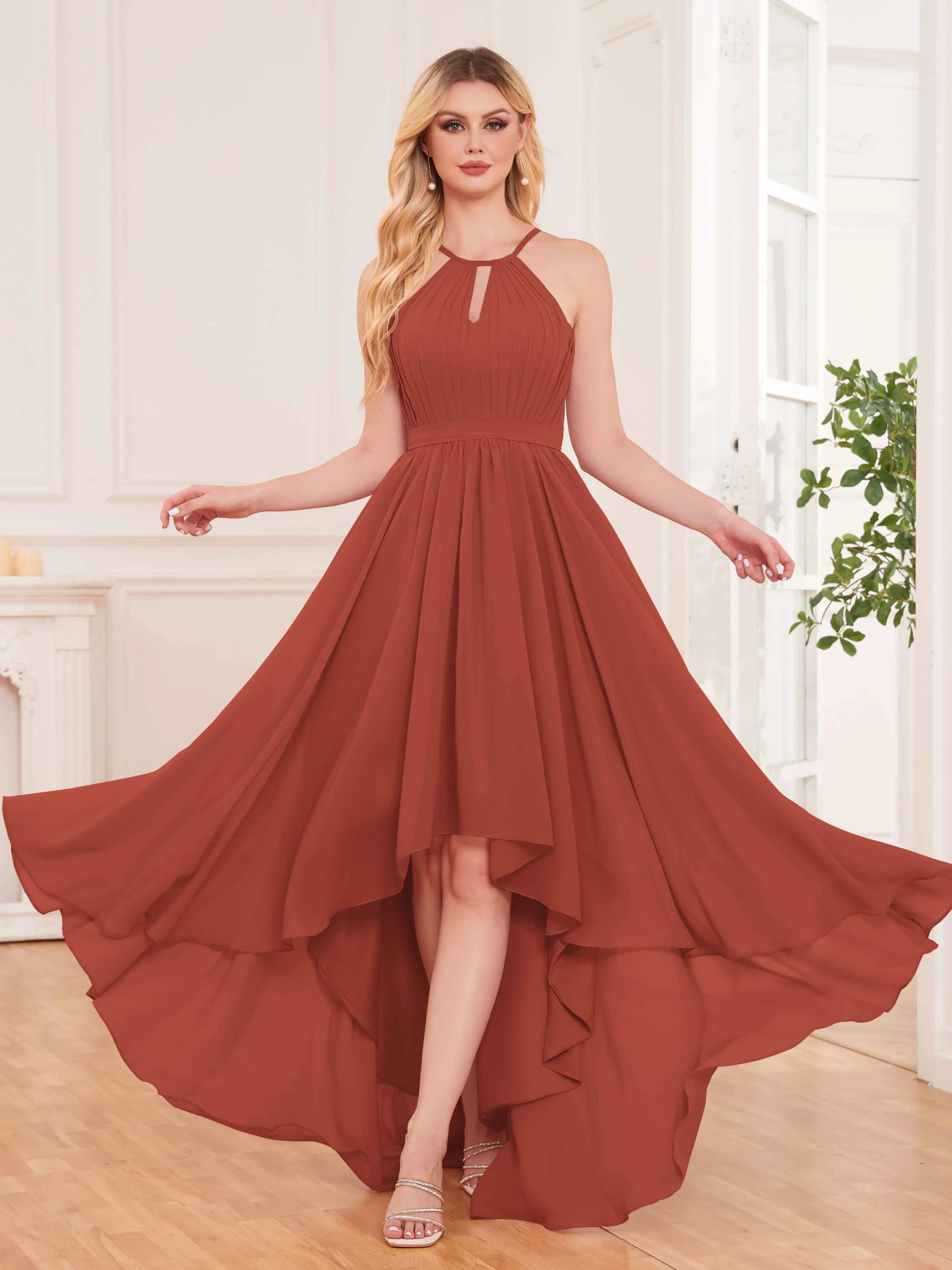 Elliana Dreamy Halter Sleeveless Asymmetrical Chiffon Bridesmaid Dresses