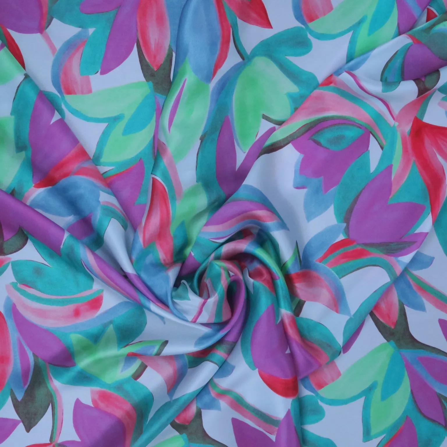 Fuchsia Green Florals on Ivory Painted Like Floral Printed Silk Charmeuse Fabric