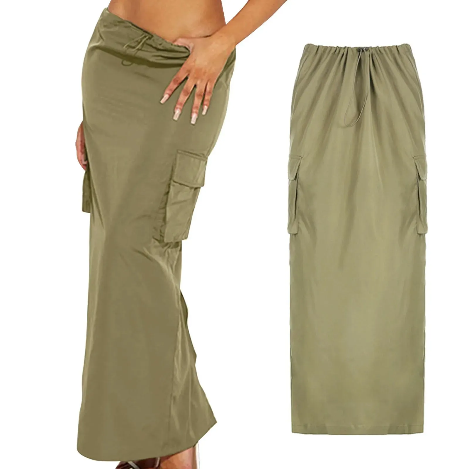 Green Long Cargo Skirt Pocket Side Ruched Slim Zipper Back Slit Hem Maxi Cargo Style Fashion Skirt