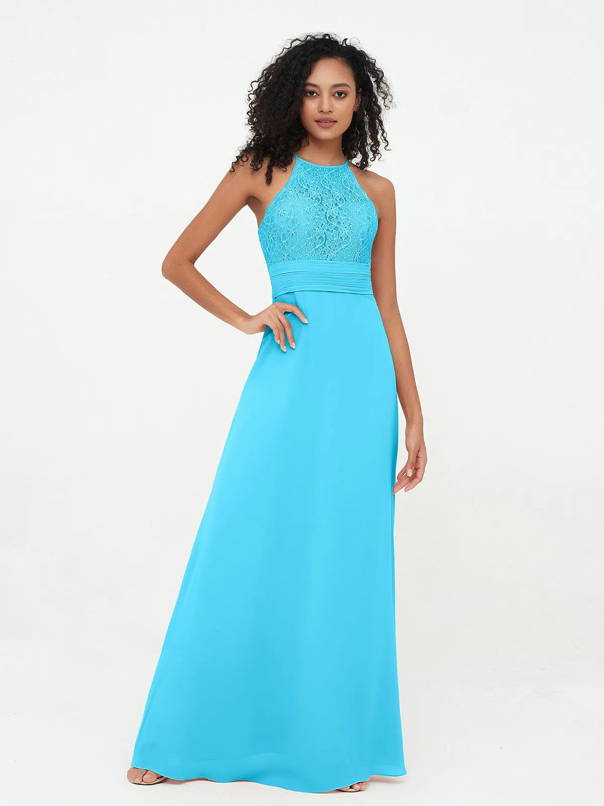 Halter Lace Top and Chiffon Open Back Dresses Pool