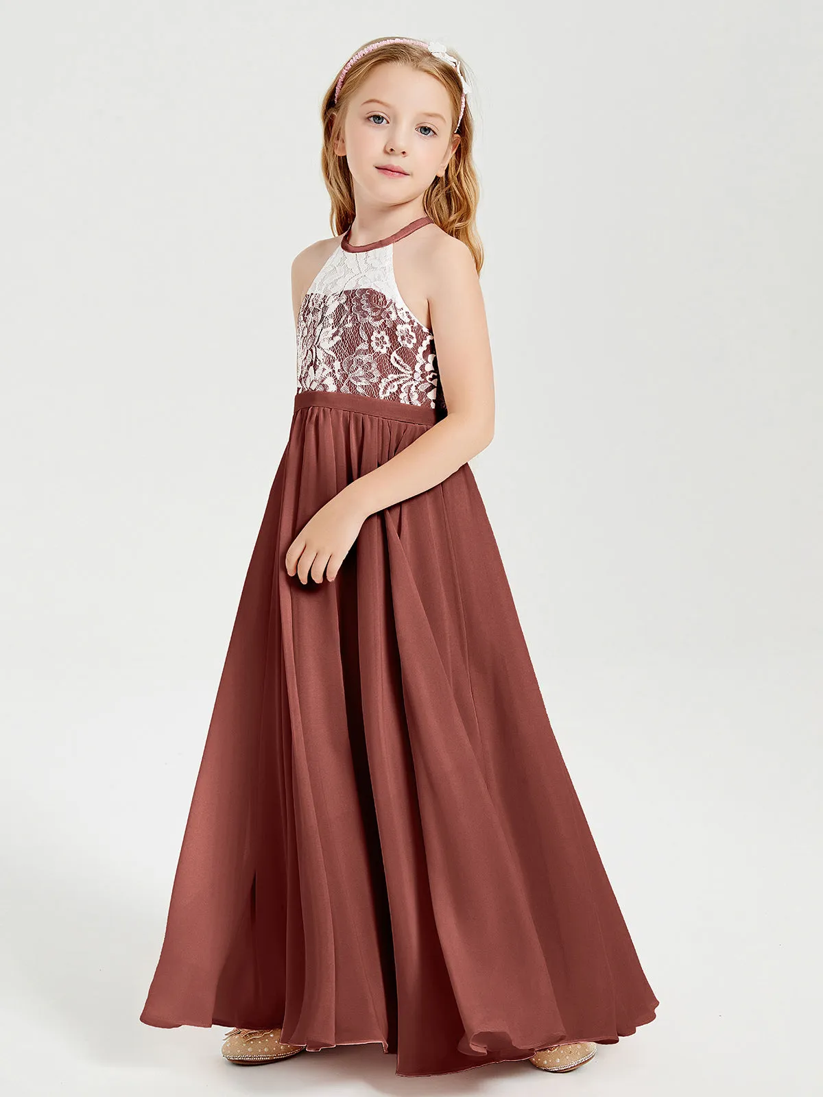 Long Chiffon Bridesmaid Dresses Lace Top Terracotta