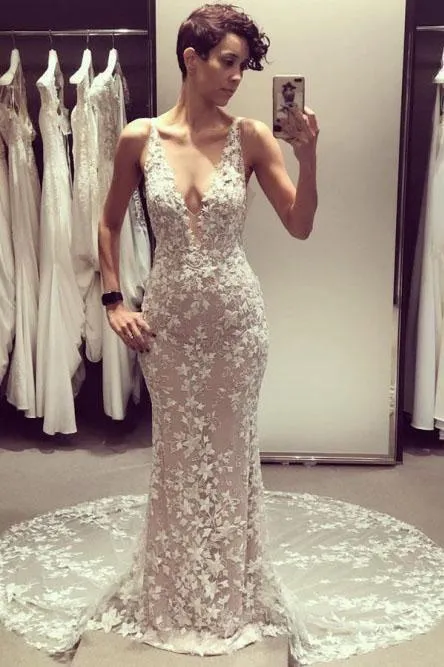 Mermaid V-Neck Backless Court Train Wedding Dress with Lace Appliques TN121