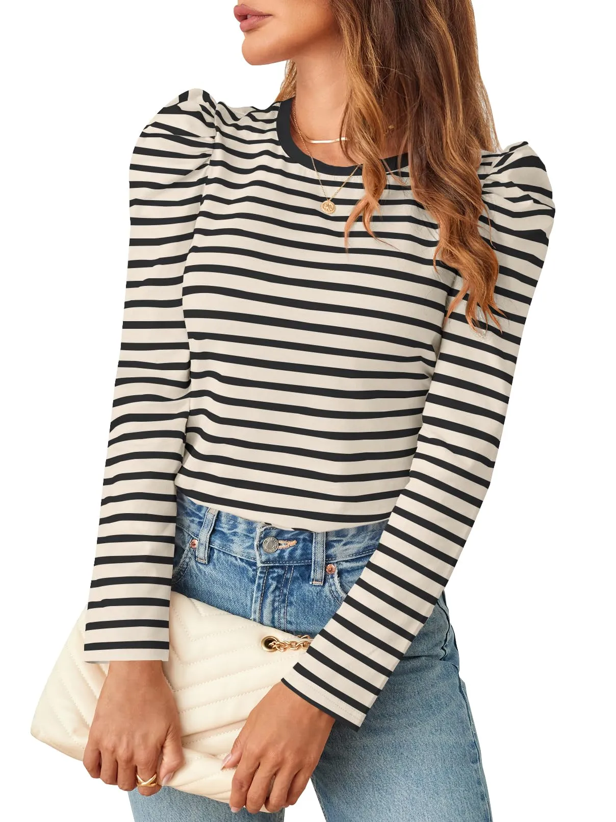 MEROKEETY Women's Puff Long Sleeve Striped Crew Neck Fall Casual Shirts