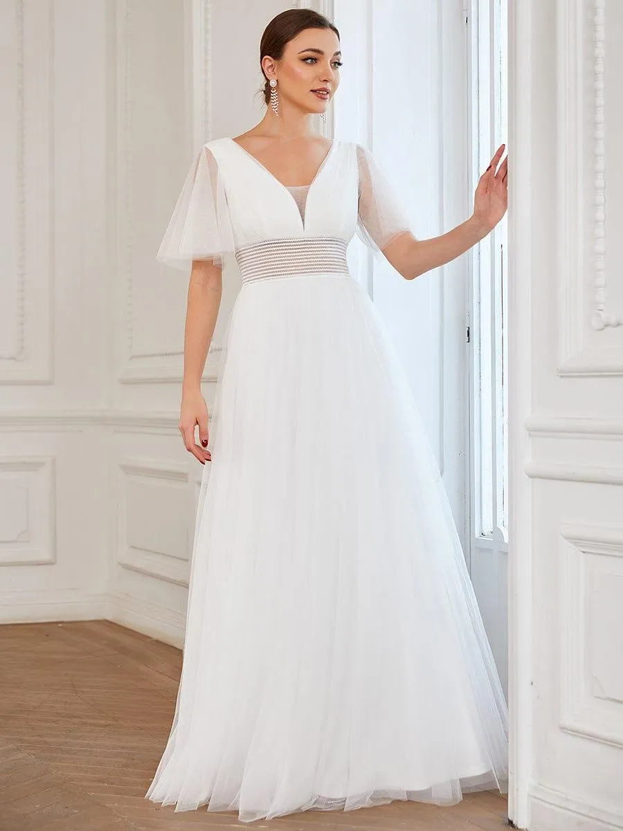 Pleated A-Line Short Sleeve Wide Waist Tulle Bridesmaid Dress
