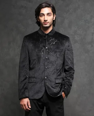 Rare Rabbit Men's Caldy Black Polyester Fabric Mandarin Collar Tailored Fit Sequin Embellished Velvet Bandhgala